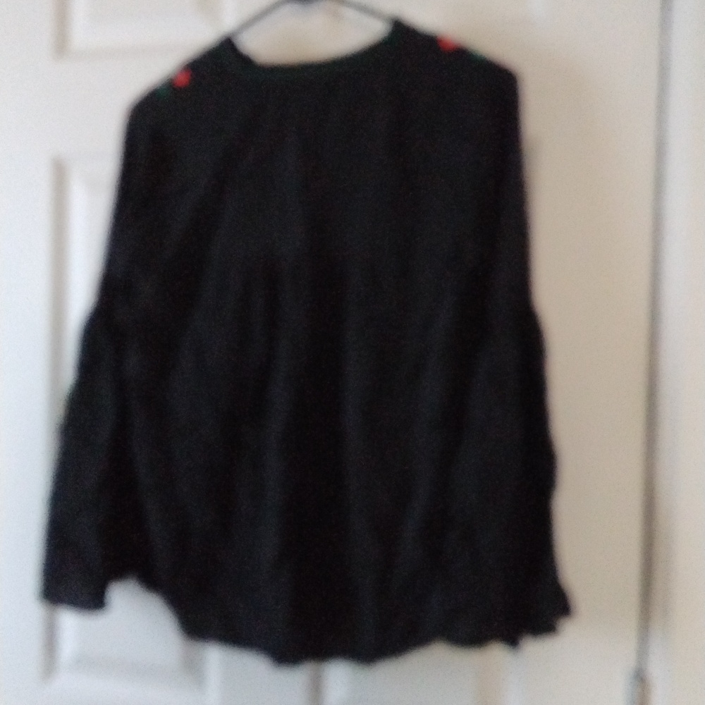 Loft Floral Embroidered Split Neck Bell Sleeve Black Blouse Size XS - Picture 3 of 5